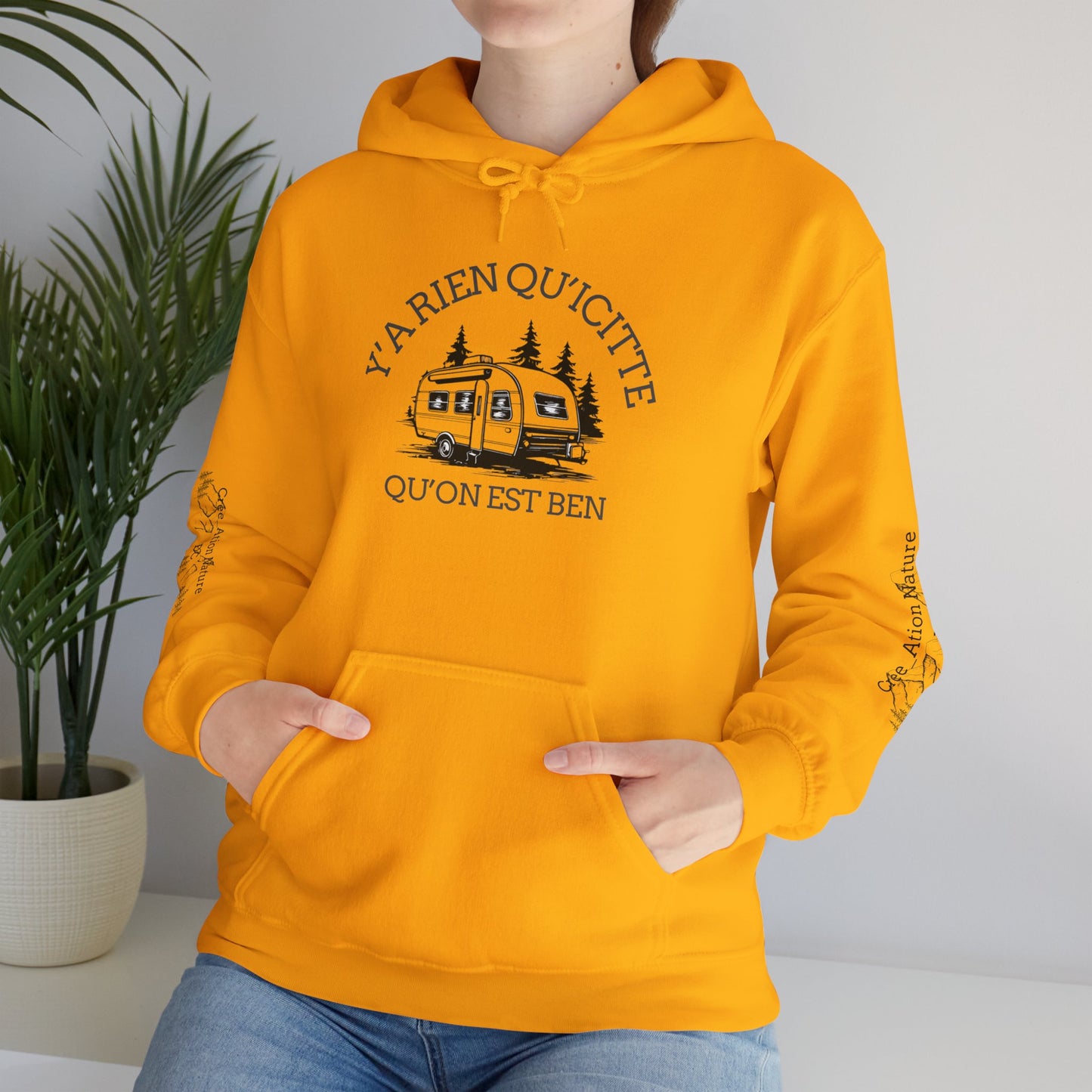 hoodie - Cozy Adventure Hooded Sweatshirt - ‘Ya Rien Qu’Quitté Qu’on Est Ben’ Design