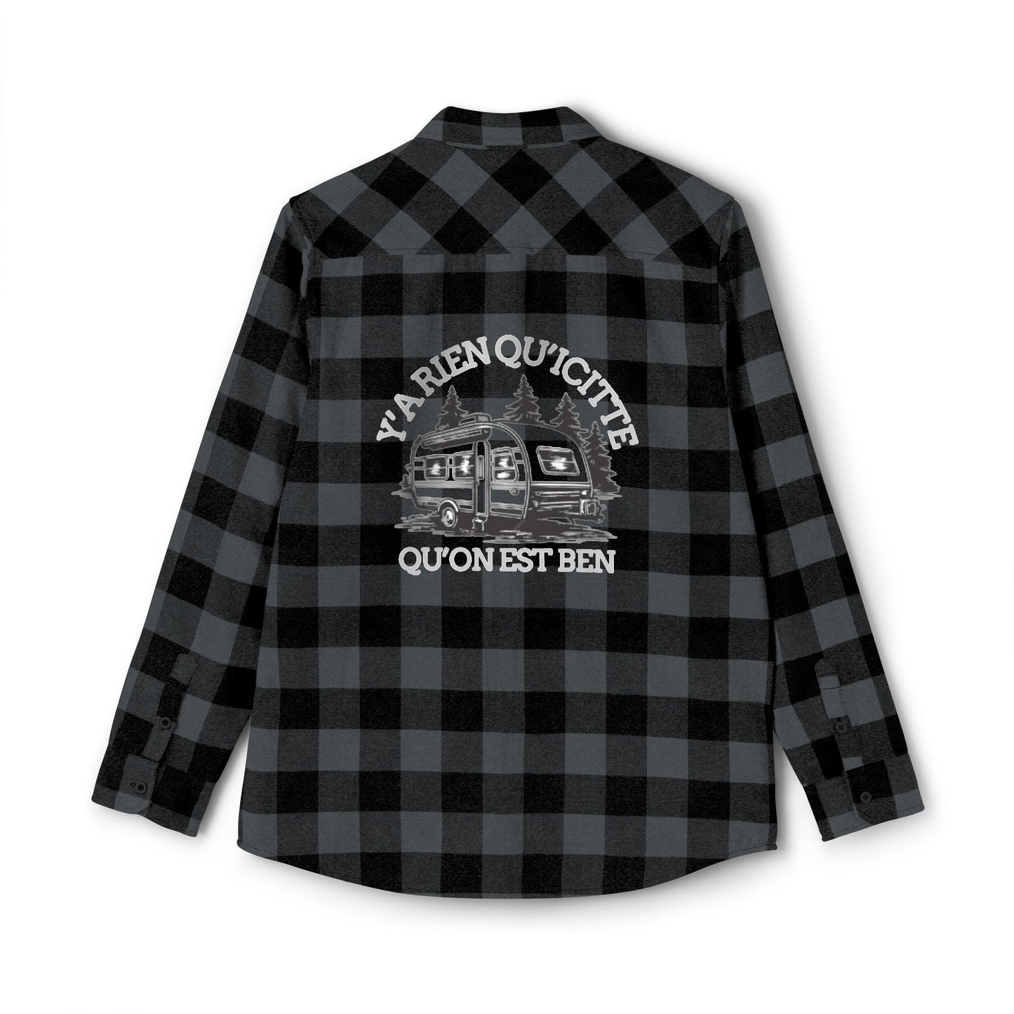 Adventure-Ready Unisex Flannel Shirt - Cozy Plaid with Camping Design