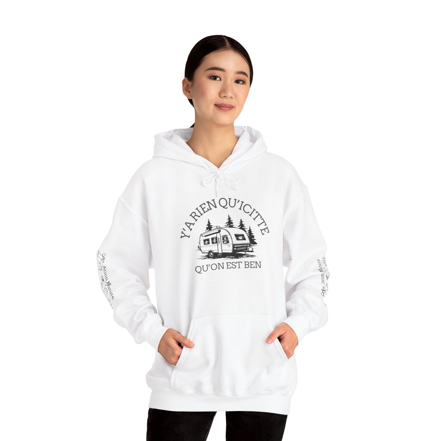 hoodie - Cozy Adventure Hooded Sweatshirt - ‘Ya Rien Qu’Quitté Qu’on Est Ben’ Design