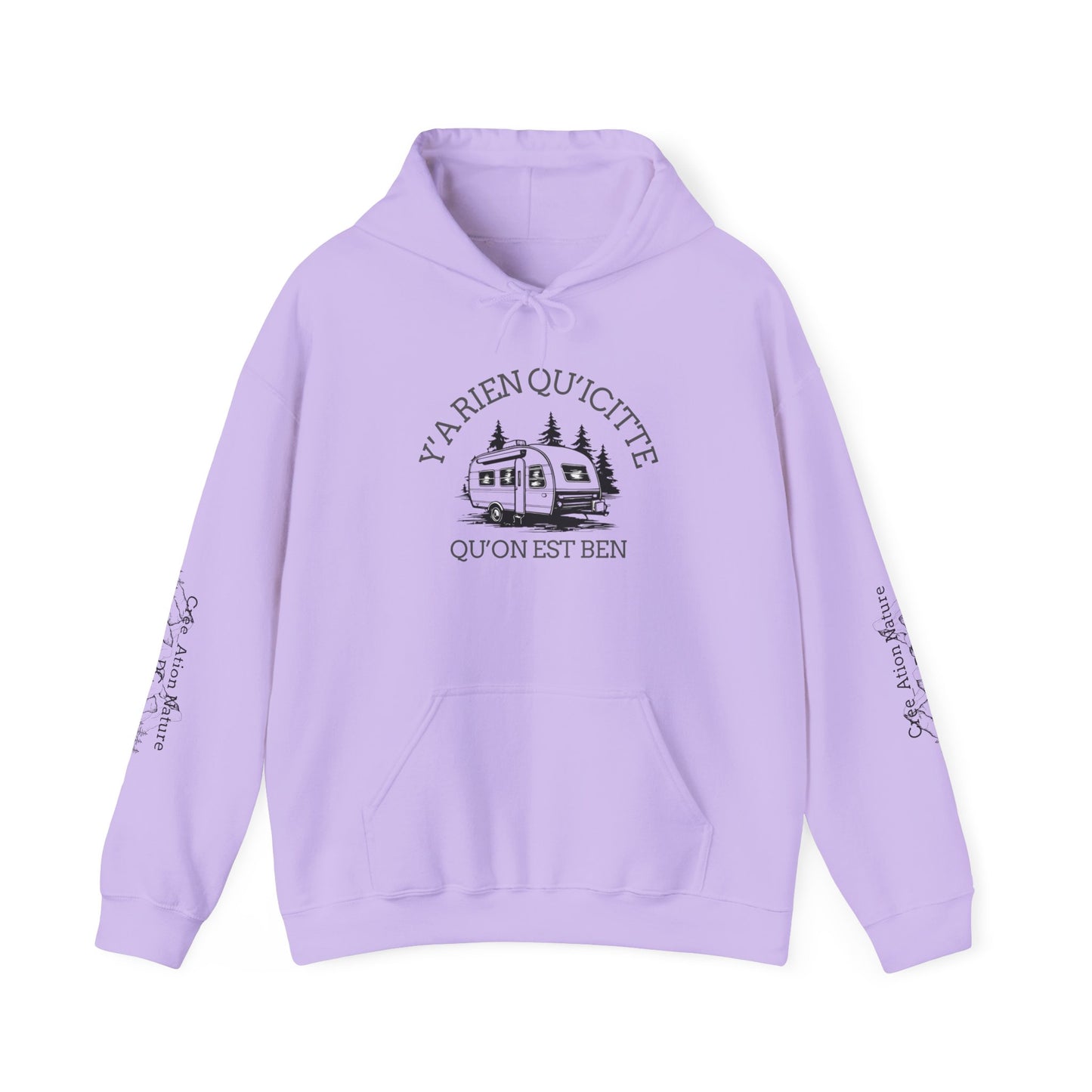 hoodie - Cozy Adventure Hooded Sweatshirt - ‘Ya Rien Qu’Quitté Qu’on Est Ben’ Design