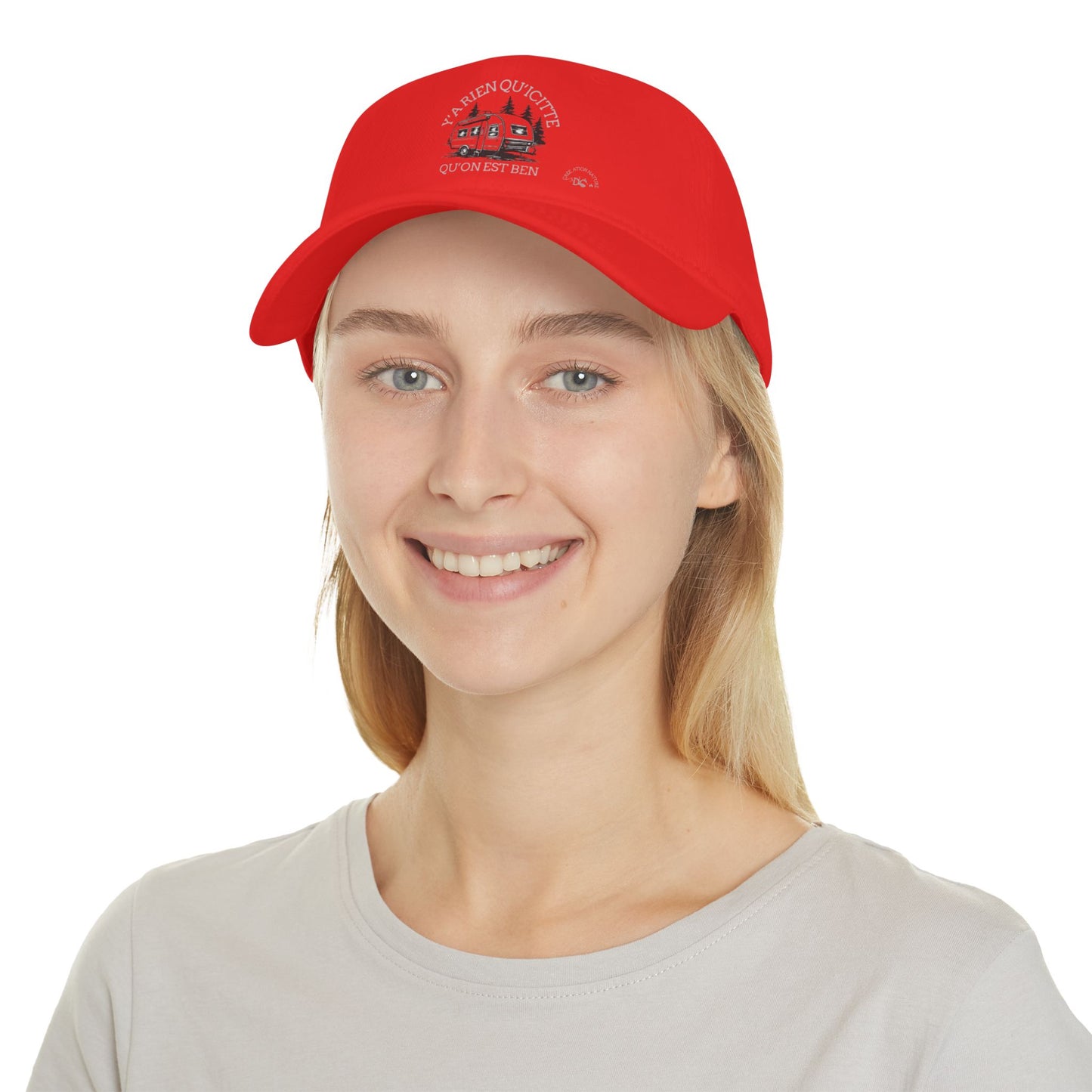 Red Low Profile Baseball Cap - 'Ya Rien Qu'citte Qu'on Est Ben' Design Crée_ation Nature DC