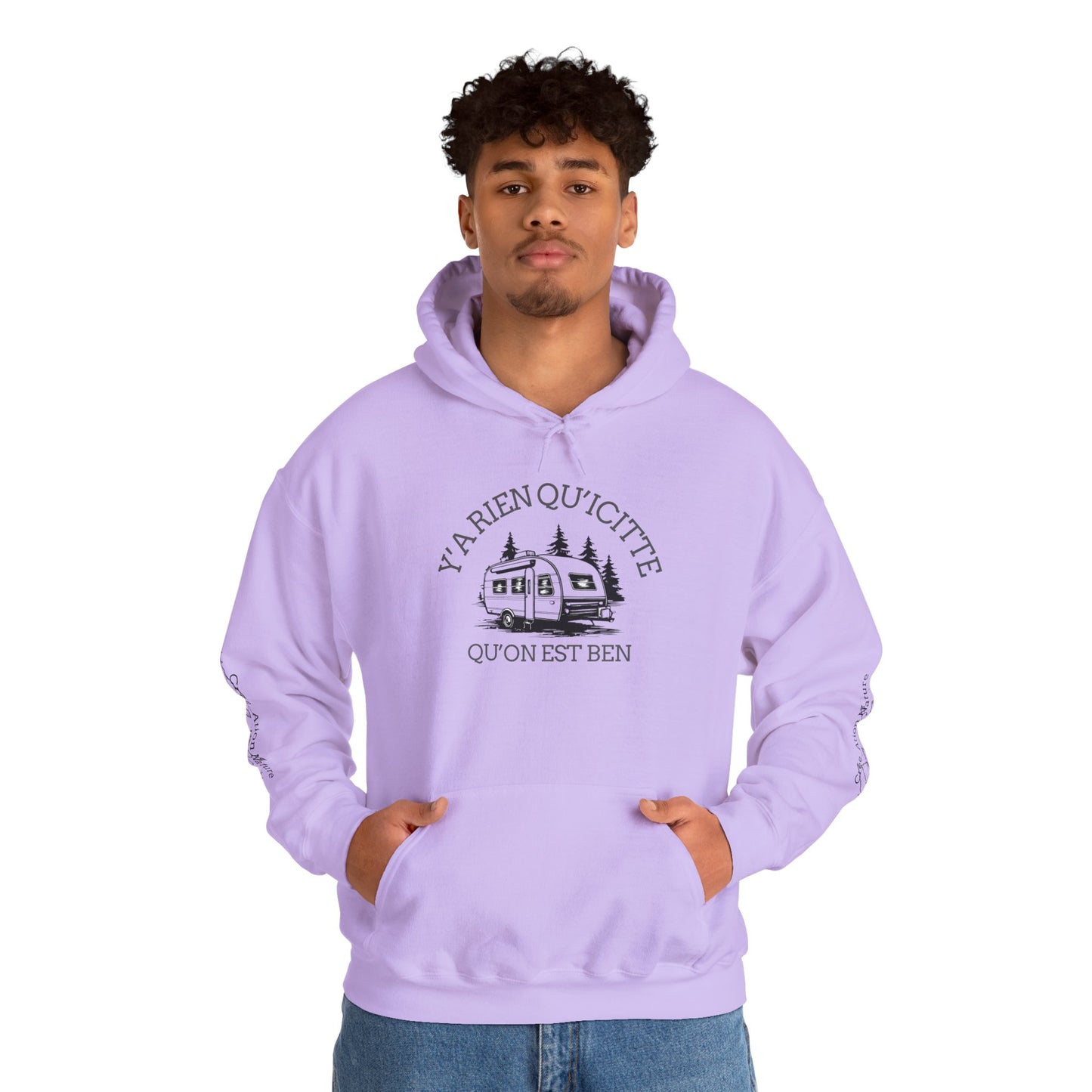 hoodie - Cozy Adventure Hooded Sweatshirt - ‘Ya Rien Qu’Quitté Qu’on Est Ben’ Design