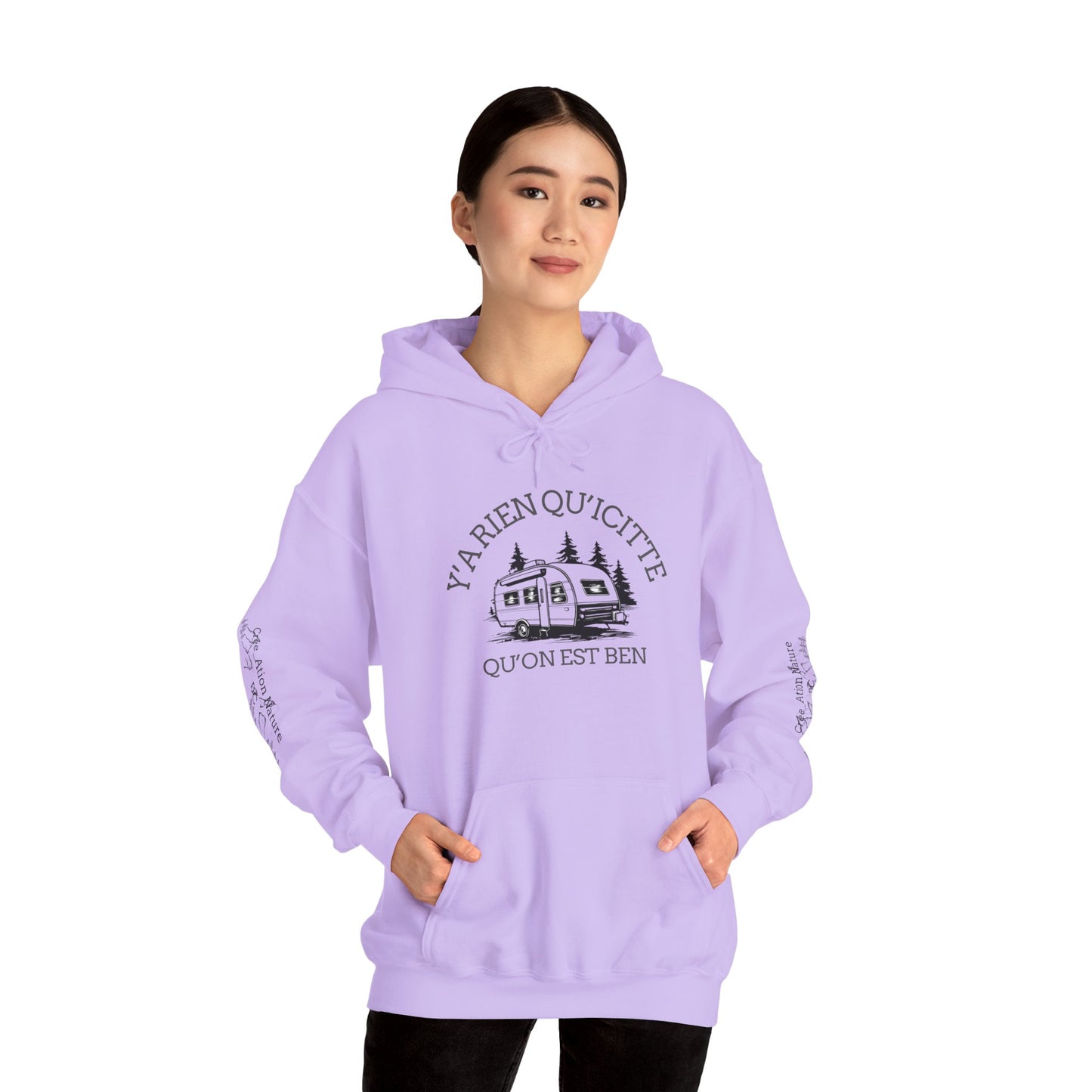 hoodie - Cozy Adventure Hooded Sweatshirt - ‘Ya Rien Qu’Quitté Qu’on Est Ben’ Design