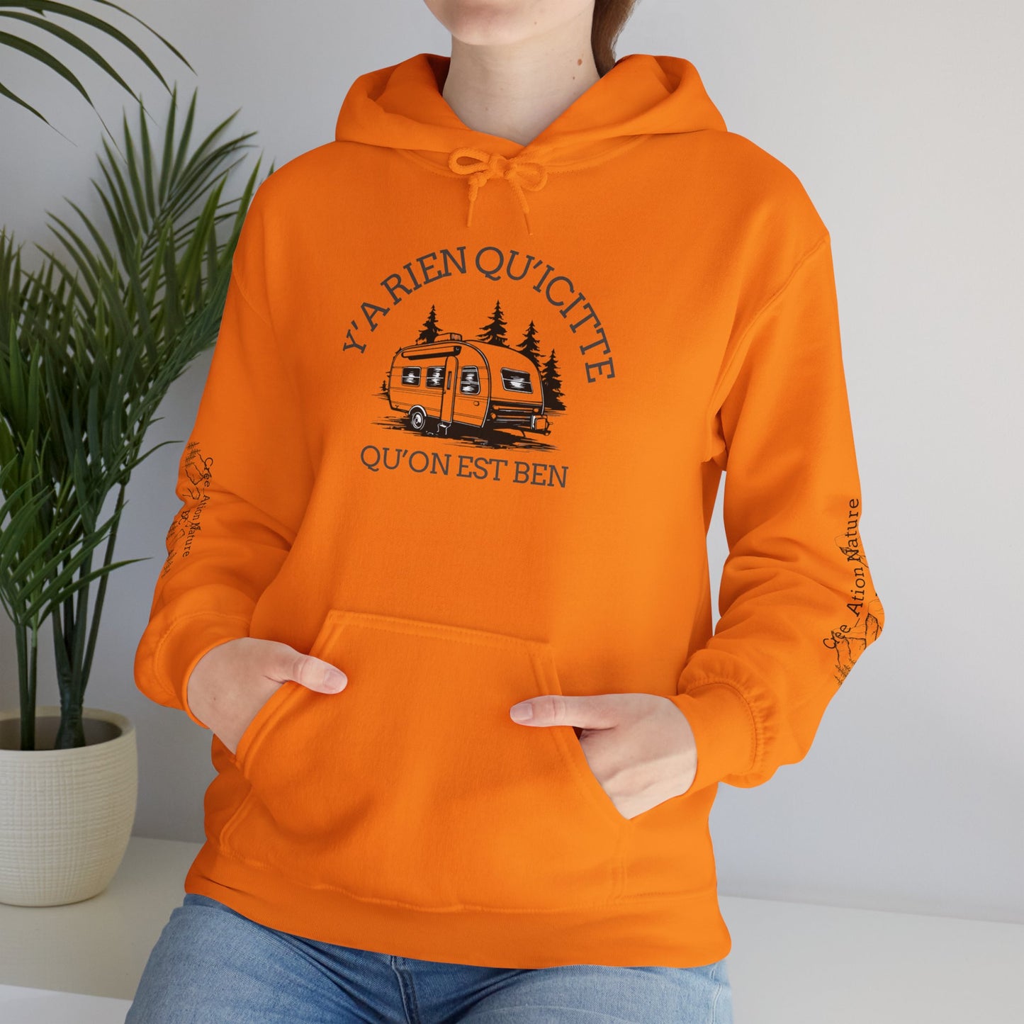hoodie - Cozy Adventure Hooded Sweatshirt - ‘Ya Rien Qu’Quitté Qu’on Est Ben’ Design