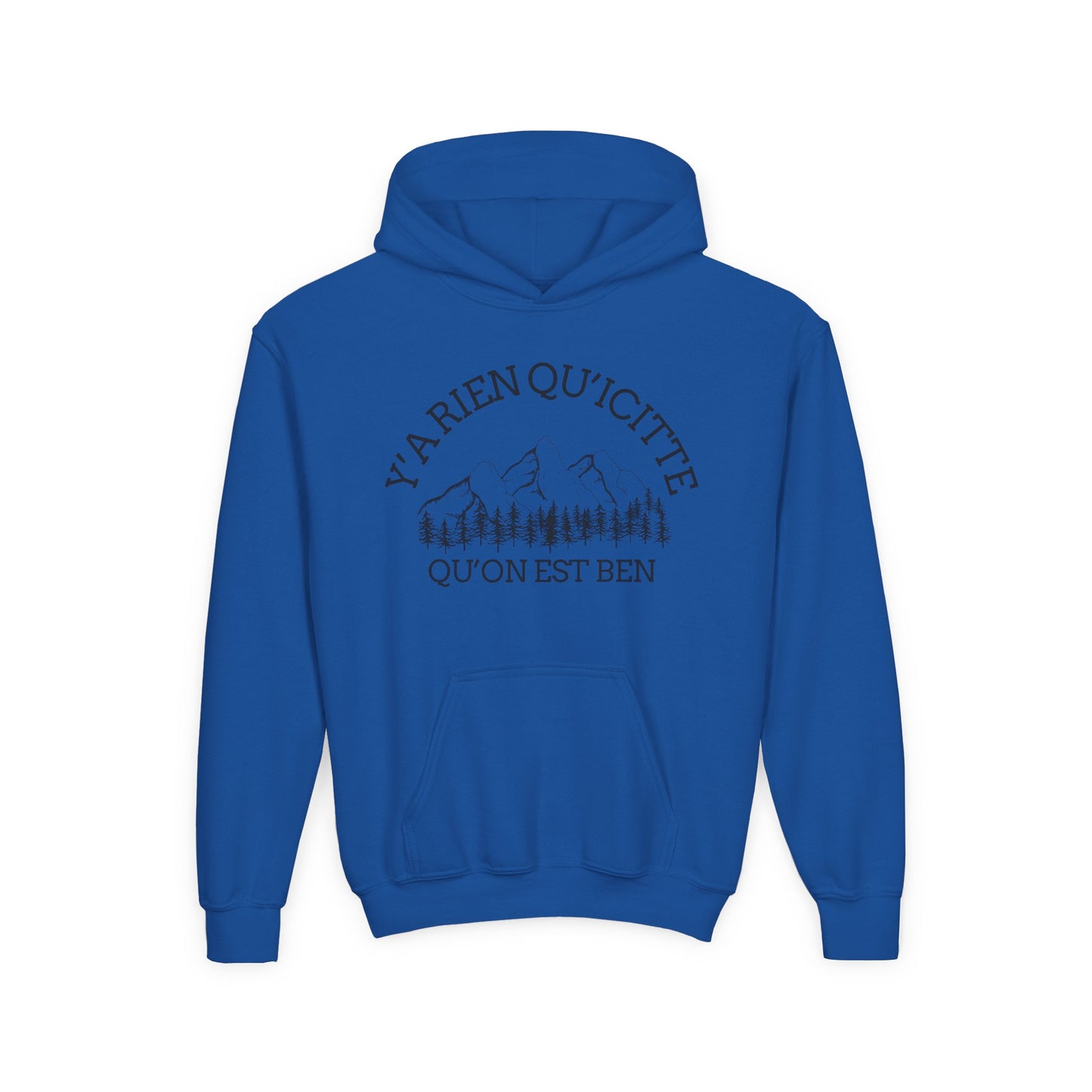 Youth Hooded Sweatshirt with Mountain Design "Y'a Rien Qu'citte"- Crée_ation Nature DC