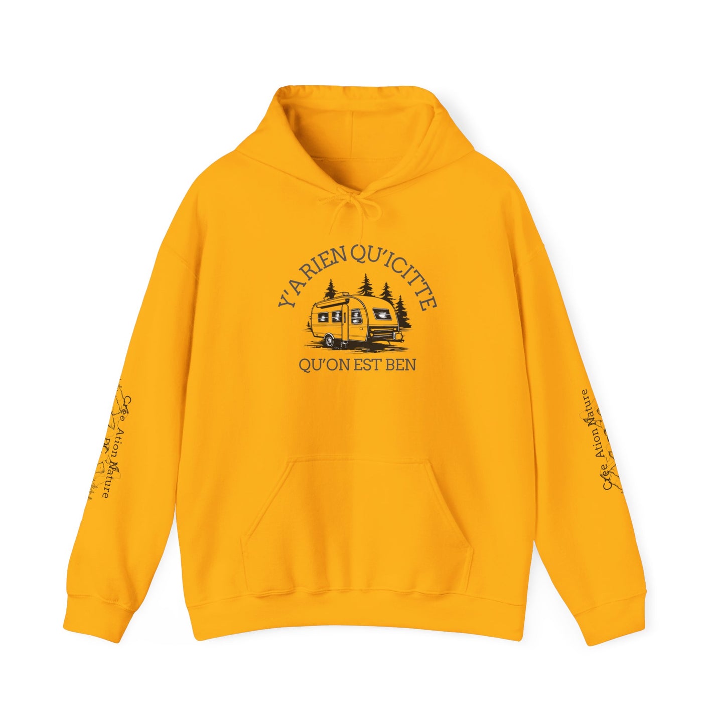 hoodie - Cozy Adventure Hooded Sweatshirt - ‘Ya Rien Qu’Quitté Qu’on Est Ben’ Design