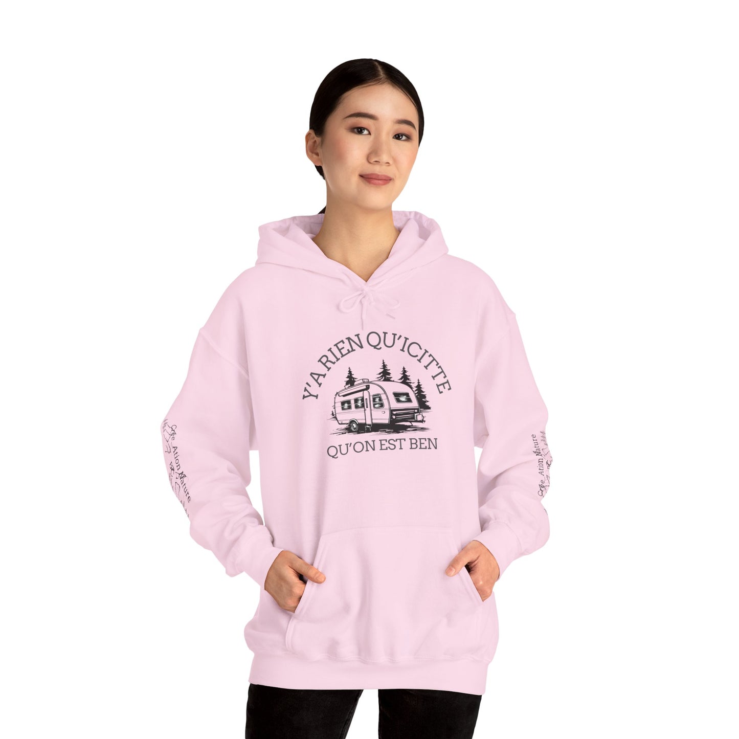 hoodie - Cozy Adventure Hooded Sweatshirt - ‘Ya Rien Qu’Quitté Qu’on Est Ben’ Design