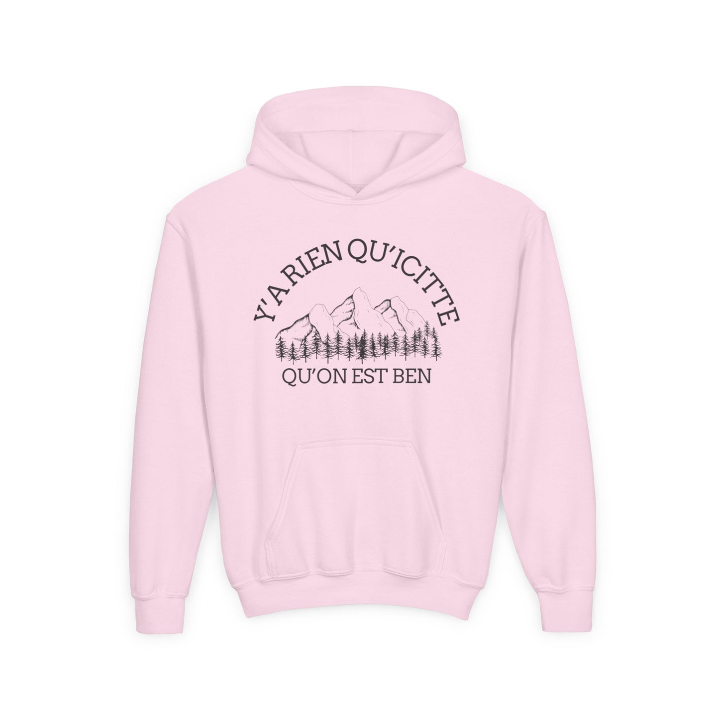Youth Hooded Sweatshirt with Mountain Design "Y'a Rien Qu'citte"- Crée_ation Nature DC