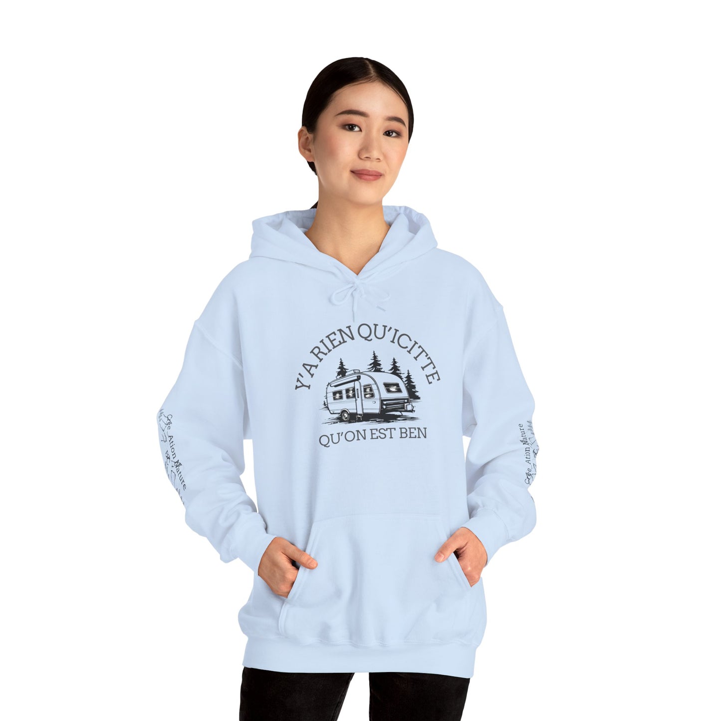 hoodie - Cozy Adventure Hooded Sweatshirt - ‘Ya Rien Qu’Quitté Qu’on Est Ben’ Design