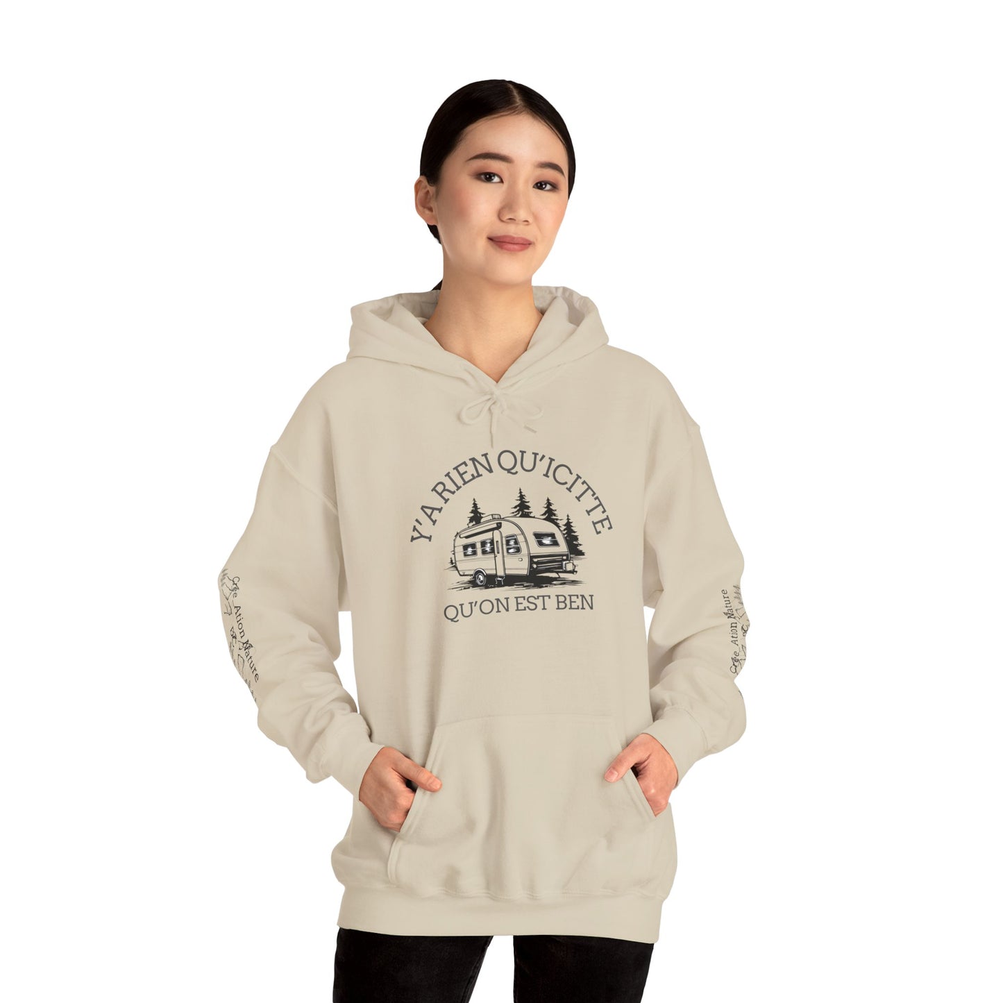 hoodie - Cozy Adventure Hooded Sweatshirt - ‘Ya Rien Qu’Quitté Qu’on Est Ben’ Design