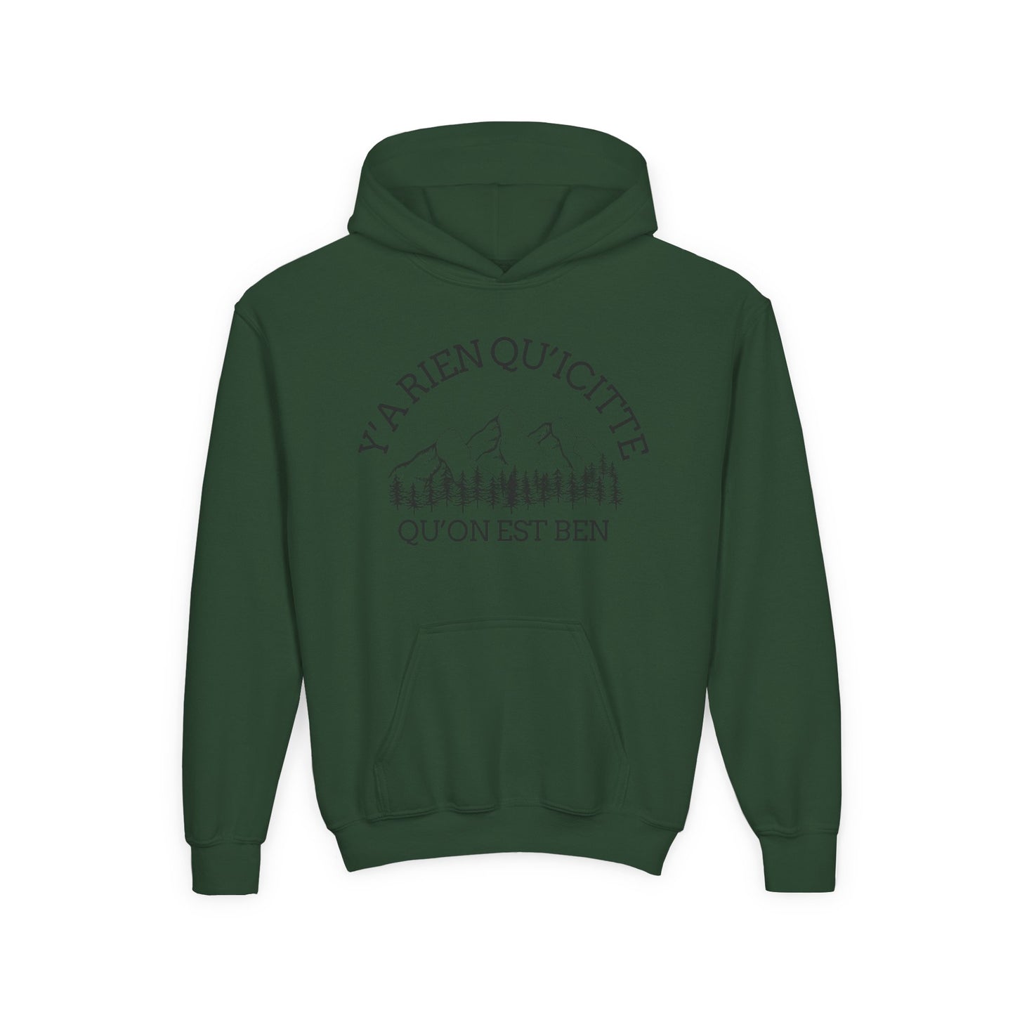 Youth Hooded Sweatshirt with Mountain Design "Y'a Rien Qu'citte"- Crée_ation Nature DC