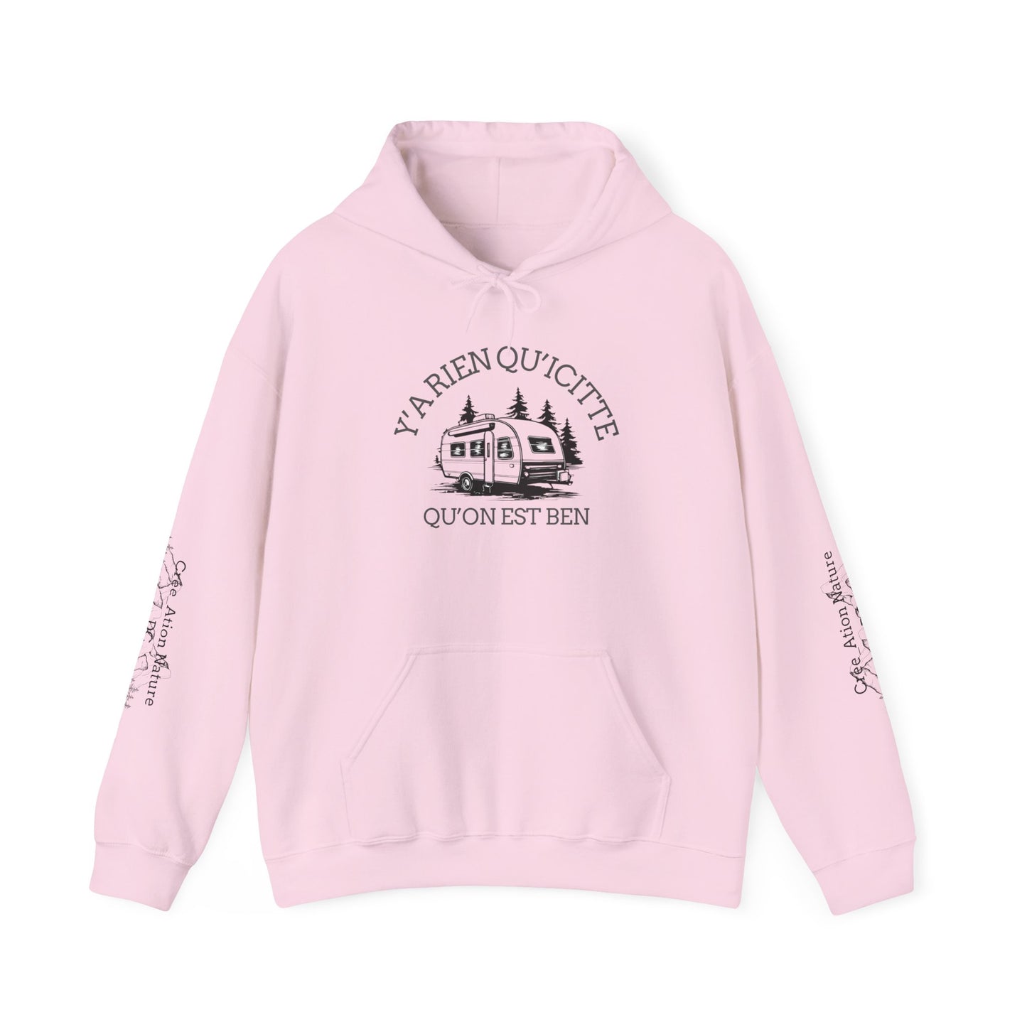 hoodie - Cozy Adventure Hooded Sweatshirt - ‘Ya Rien Qu’Quitté Qu’on Est Ben’ Design