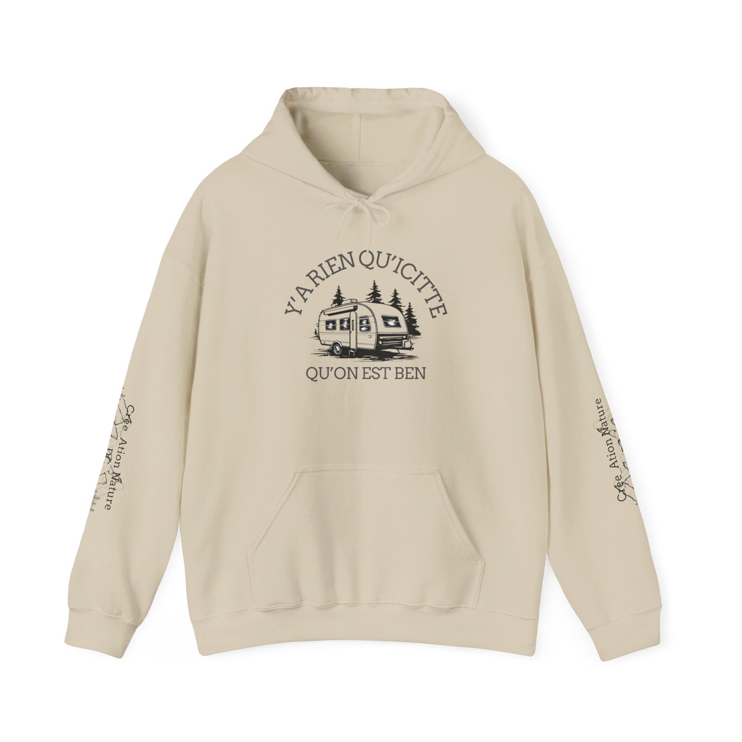 hoodie - Cozy Adventure Hooded Sweatshirt - ‘Ya Rien Qu’Quitté Qu’on Est Ben’ Design