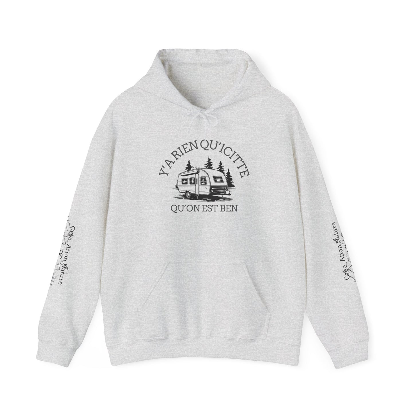 hoodie - Cozy Adventure Hooded Sweatshirt - ‘Ya Rien Qu’Quitté Qu’on Est Ben’ Design