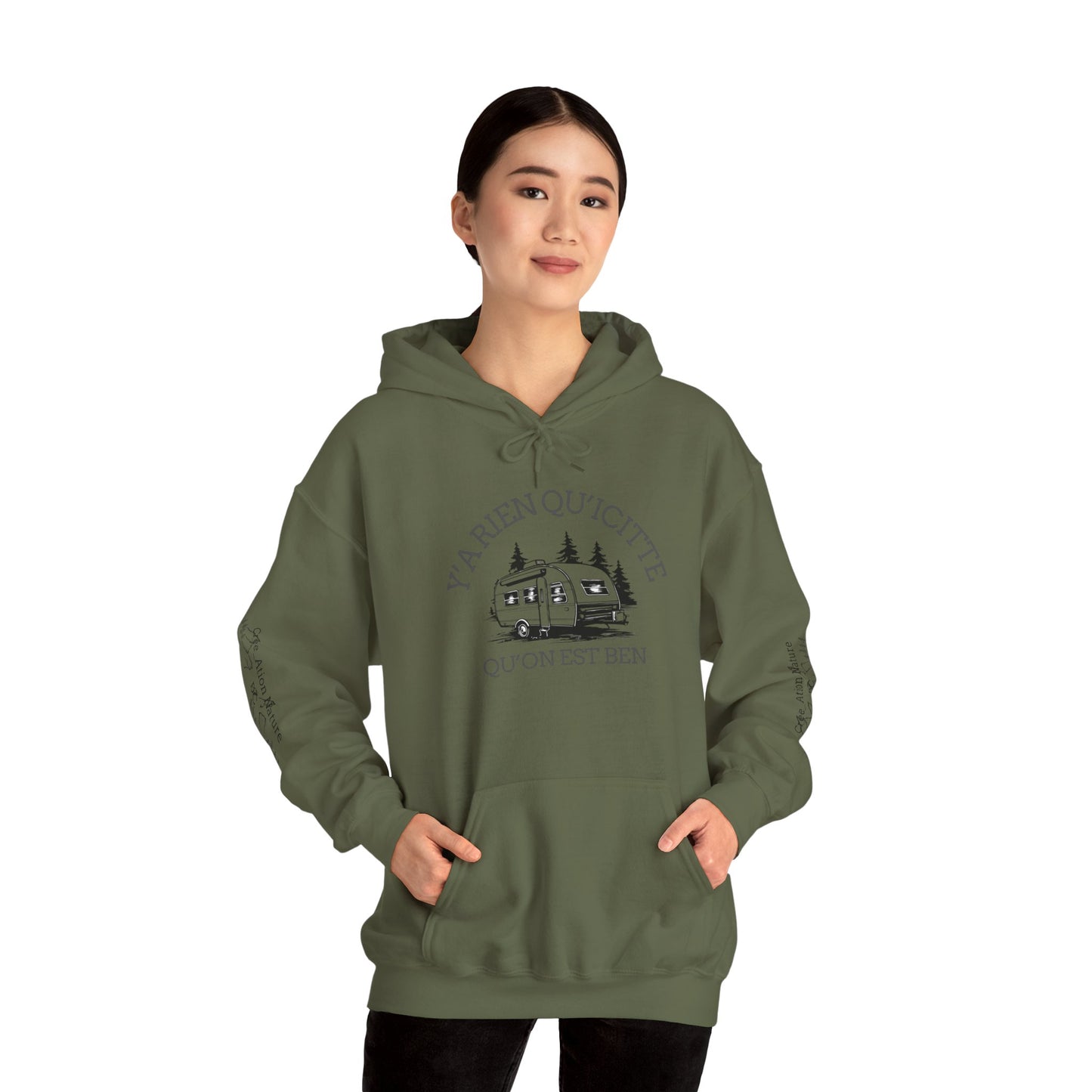 hoodie - Cozy Adventure Hooded Sweatshirt - ‘Ya Rien Qu’Quitté Qu’on Est Ben’ Design
