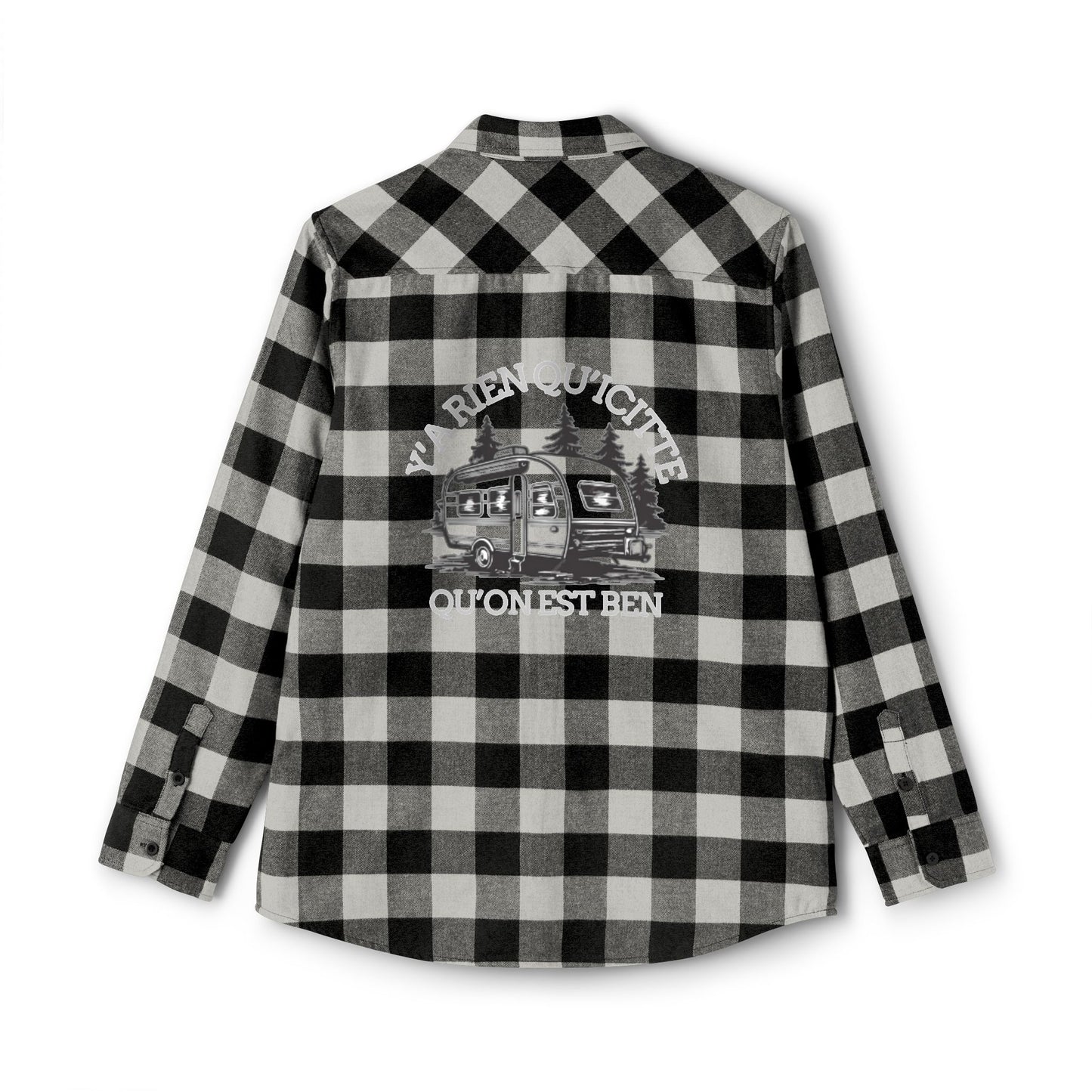 Adventure-Ready Unisex Flannel Shirt - Cozy Plaid with Camping Design