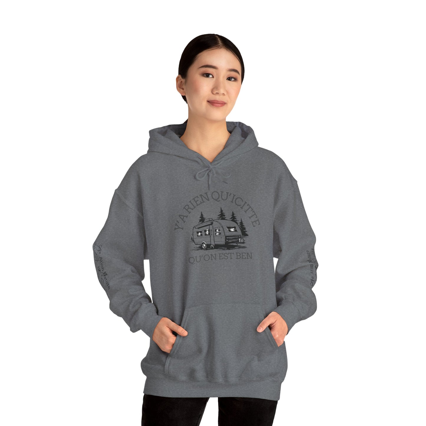 hoodie - Cozy Adventure Hooded Sweatshirt - ‘Ya Rien Qu’Quitté Qu’on Est Ben’ Design