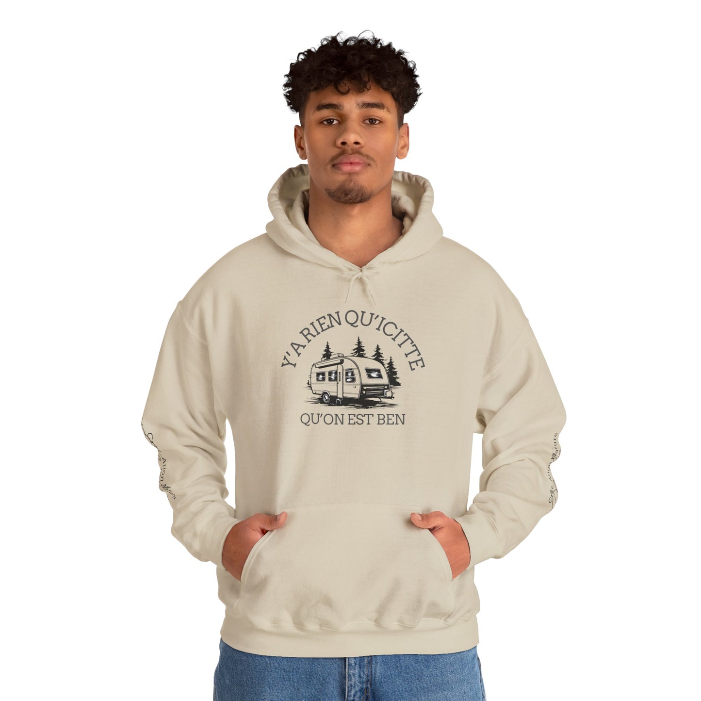 hoodie - Cozy Adventure Hooded Sweatshirt - ‘Ya Rien Qu’Quitté Qu’on Est Ben’ Design