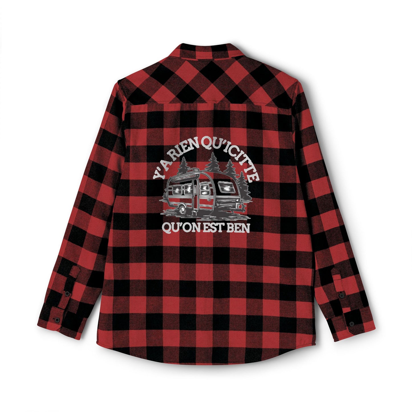 Adventure-Ready Unisex Flannel Shirt - Cozy Plaid with Camping Design