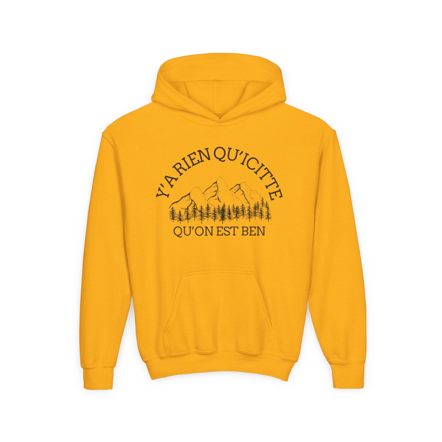 Youth Hooded Sweatshirt with Mountain Design "Y'a Rien Qu'citte"- Crée_ation Nature DC