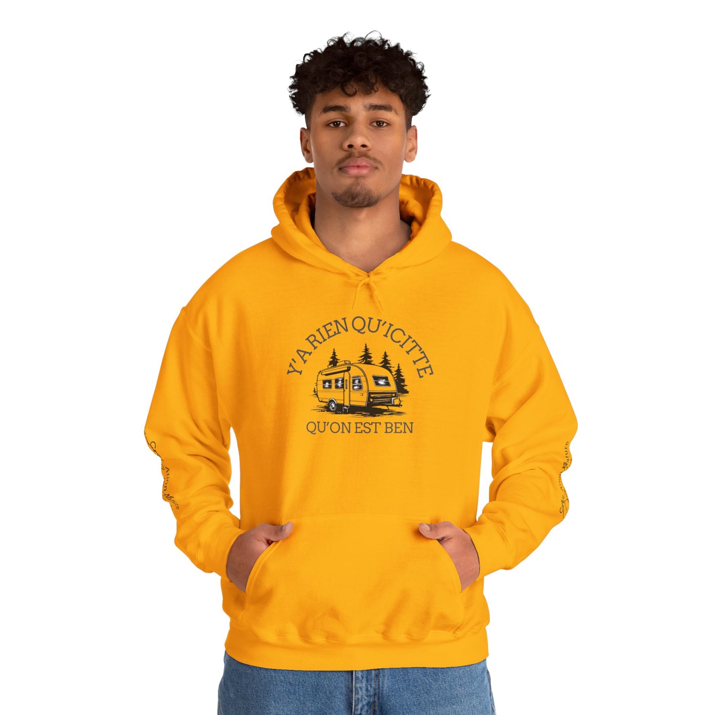 hoodie - Cozy Adventure Hooded Sweatshirt - ‘Ya Rien Qu’Quitté Qu’on Est Ben’ Design