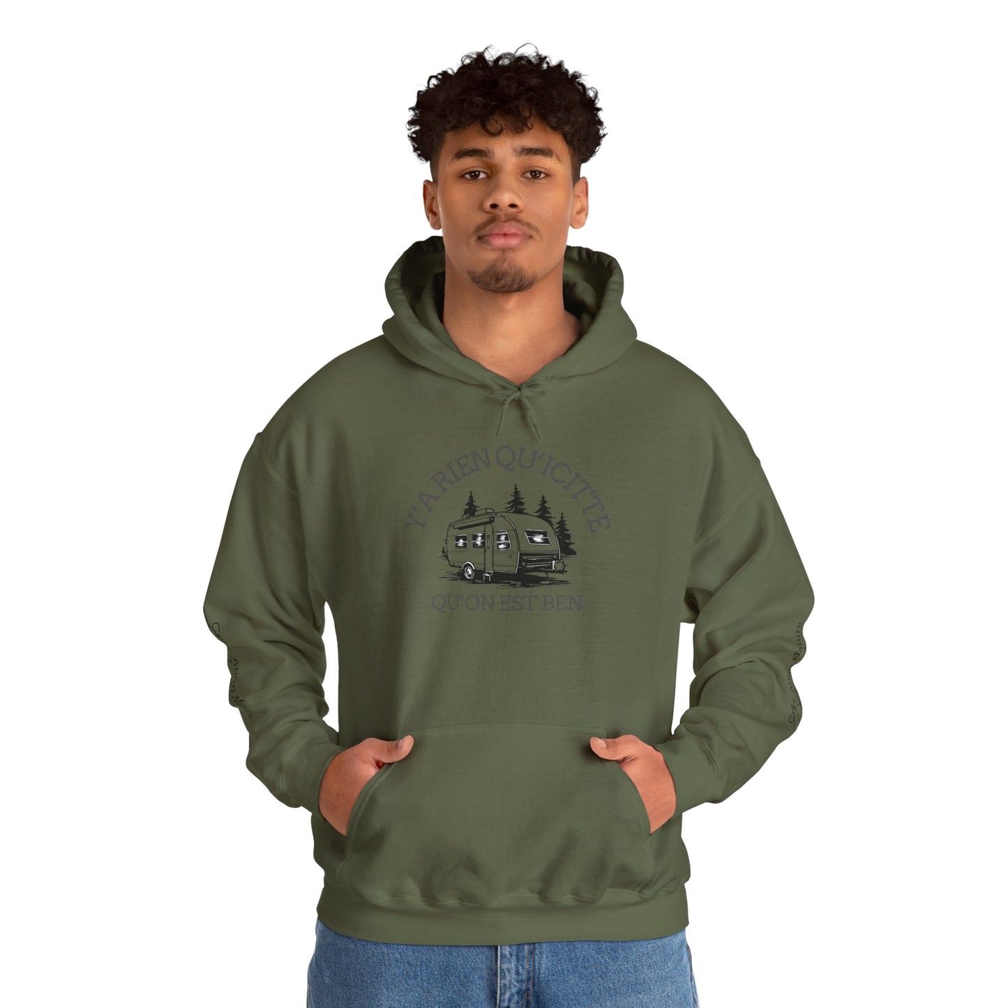 hoodie - Cozy Adventure Hooded Sweatshirt - ‘Ya Rien Qu’Quitté Qu’on Est Ben’ Design