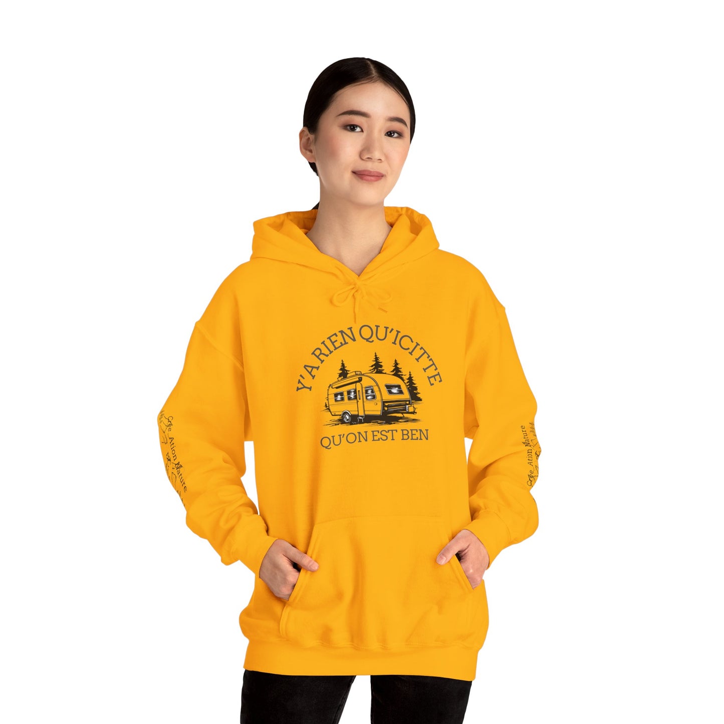 hoodie - Cozy Adventure Hooded Sweatshirt - ‘Ya Rien Qu’Quitté Qu’on Est Ben’ Design