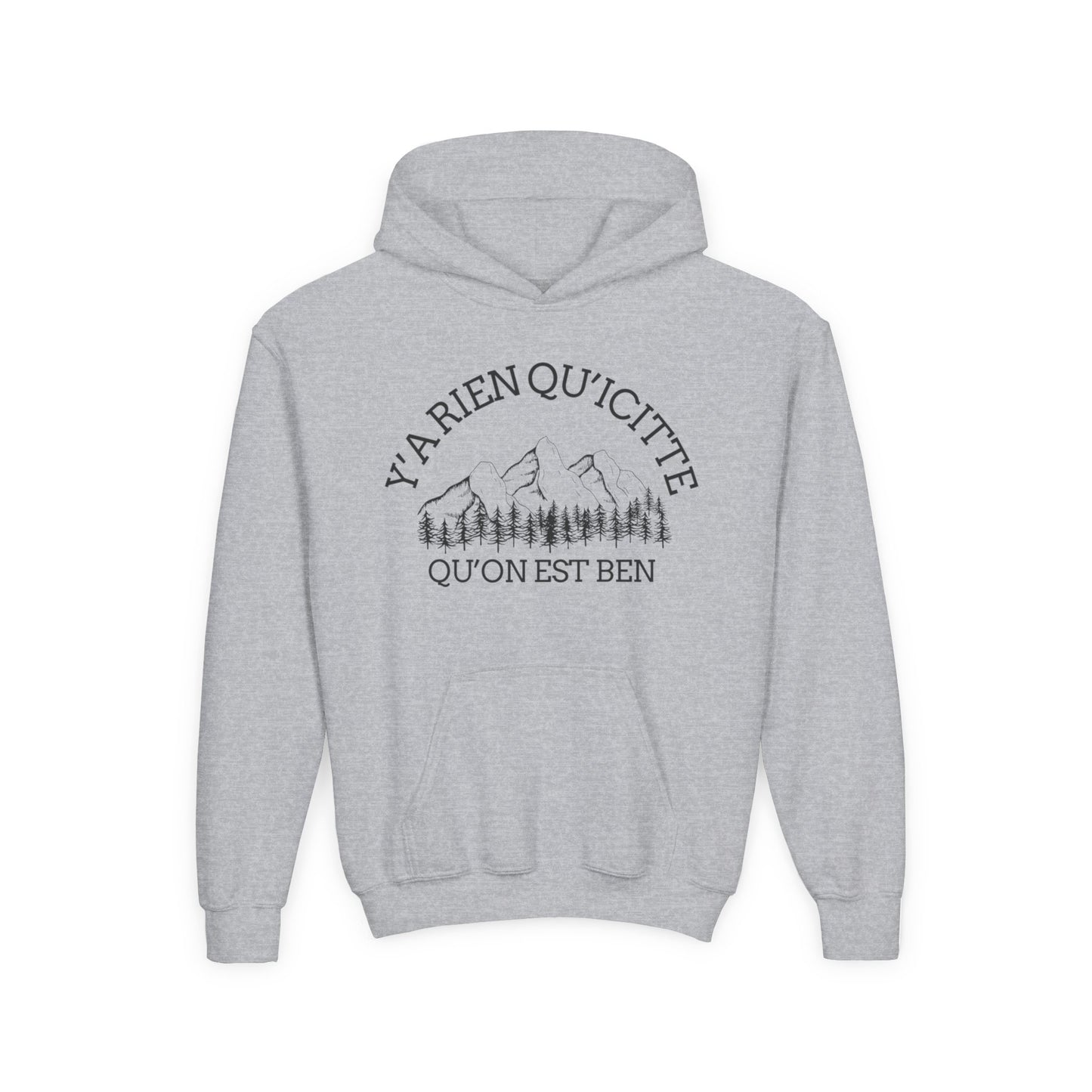 Youth Hooded Sweatshirt with Mountain Design "Y'a Rien Qu'citte"- Crée_ation Nature DC