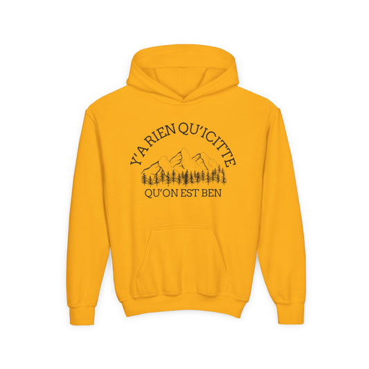 Youth Hooded Sweatshirt with Mountain Design "Y'a Rien Qu'citte"- Crée_ation Nature DC